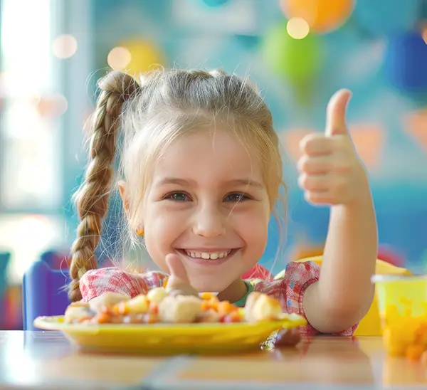 The Merit Schools Nutrition - smiling girl eating healthy snack giving a thumbs up